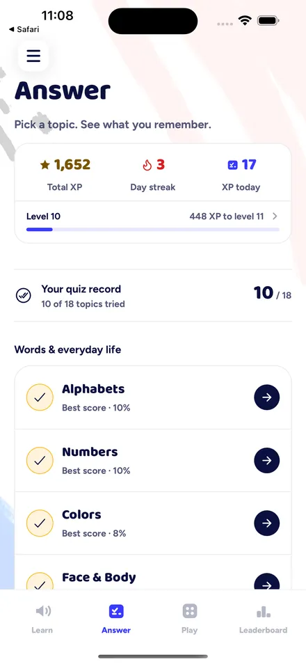 Luuqad Answer tab with quiz topics and best scores