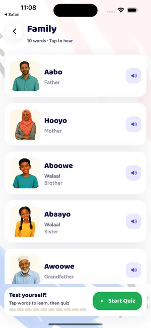 Family topic in Luuqad: Aabo, Hooyo, Aboowe with audio buttons