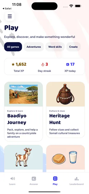 Luuqad Play tab with Baadiyo Journey and Heritage Hunt